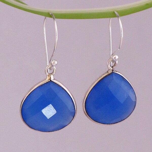 Faceted Blue Chalcedony  Sterling Silver bezel set Earrings - Large Gemstone Earrings