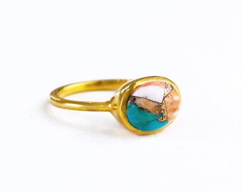 Natural Mohave Copper Turquoise Ring, Oval Turquoise Cabochon Ring, Stackable Ring, Gold or Silver Ring birthstone gift Mothers Day Gift