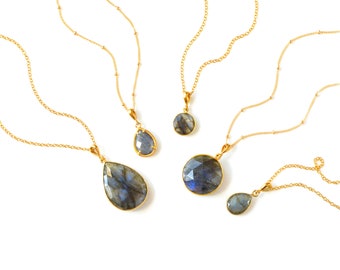 Natural Labradorite Necklace • 925 Silver, 14k Gold Filled Labradorite Necklace • Teardrop Gemstone Jewelry • Iridescent Blue Green Necklace