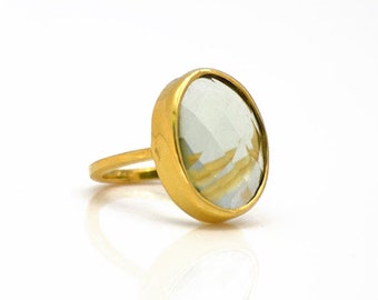Large Green Amethyst ring, Vermeil Gold ring, oval ring, large gemstone ring, bezel set ring, February Birthstone ring, statement ring