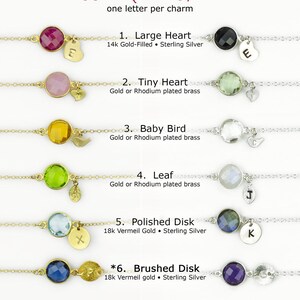 May include: A variety of charm options for bracelets, including a large heart, tiny heart, baby bird, leaf, polished disk, and brushed disk. Each charm is shown with a different colored gemstone and a letter.