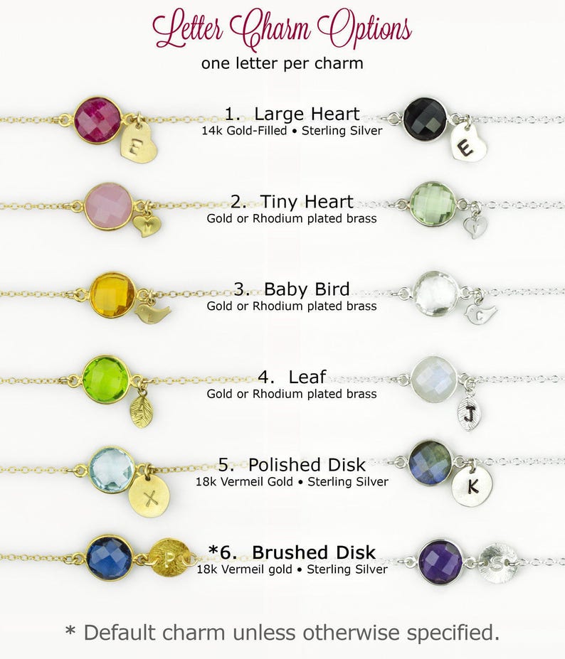 May include: A variety of charm options for bracelets, including a large heart, tiny heart, baby bird, leaf, polished disk, and brushed disk. Each charm is shown with a different colored gemstone and a letter.