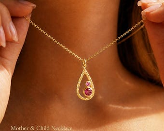 Mom Birthstone Necklace, Custom Kids Birthstone Necklace, Personalized Family Jewelry, Mother Child Teardrop Necklace Gift for Mom, MIL