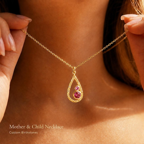 Mom Birthstone Necklace, Custom Kids Birthstone Necklace, Personalized Family Jewelry, Mother Child Teardrop Necklace Gift for Mom, MIL
