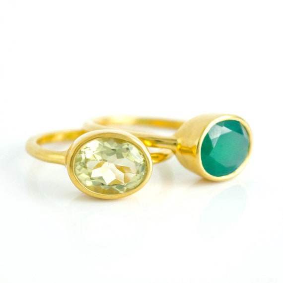 Lemon Quartz & Green Onyx Ring Set • 925 Silver, Vermeil Gold Stackable Oval Gemstone Rings • May Birthstone Jewelry • Gemstone Ring Combo
