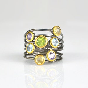 Multi stone Peridot, citrine, blue topaz, purple amethyst ring, mixed metal ring, gemstone ring, multistone ring, boho ring, unique ring image 1