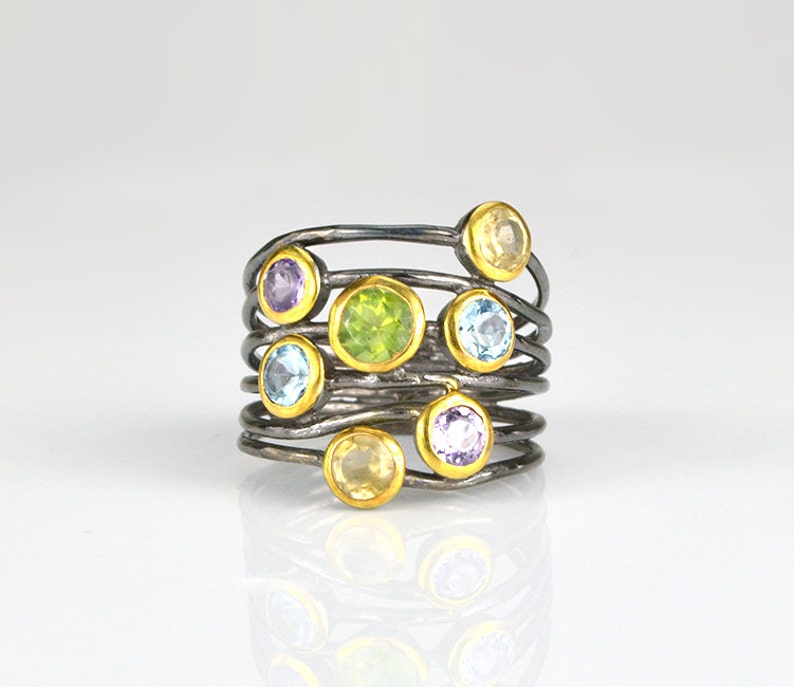 Multistein Peridot, Citrin, blauer Topas, lila Amethyst Ring, Gemischter Metall Ring, Edelstein Ring, Multistone Ring, Boho Ring, Unikat Ring Bild 1