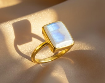 Regenbogen Mondstein Ring | Bezel-Set 18K Gold Vermeil oder Sterling Silber | Juni Geburtsstein, Minimalistischer Edelstein Ring für Frauen Geschenk