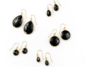 Black Onyx Earrings, Bridesmaid Gifts for Her, Birthday Gift for Her, Black Gemstone Earrings Gold or Silver Round Earring Teardrop Earring