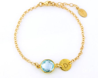 Sky Blue Topaz Birthstone Bracelet • Silver Gold Birthstone & Initial Charm Bracelet • December Birthstone Jewelry • Christmas Gift for Her