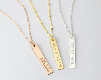 Vertical Bar Necklace, Layering Necklace, custom coordinates necklace Personalized Gold Bar Necklace name plate necklace Custom Name Jewelry