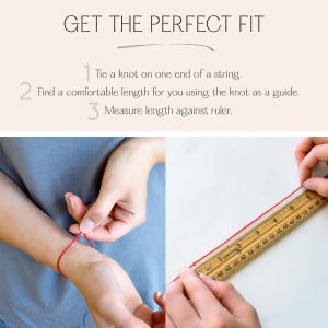 Bracelet and anklet sizing guide showing how to measure wrist or ankle using a string and ruler. Step-by-step: tie a knot, wrap for comfort, and measure length. Perfect for choosing the right fit for personalized bracelets and anklets.