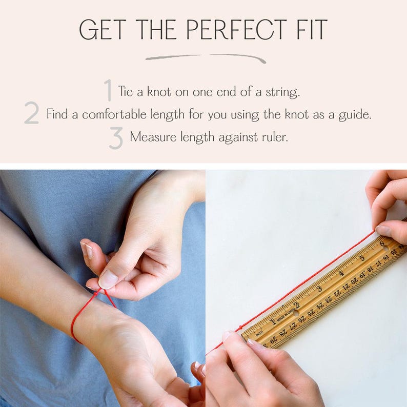 Bracelet and anklet sizing guide showing how to measure wrist or ankle using a string and ruler. Step-by-step: tie a knot, wrap for comfort, and measure length. Perfect for choosing the right fit for personalized bracelets and anklets.