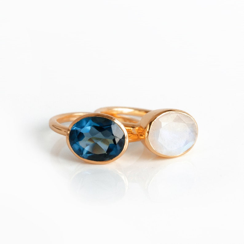 Moonstone and Kyanite Quartz Stacking Ring Set, Pair of Oval Gemstone Rings, Natural White Rainbow Moonstone Sapphire Alternative Blue Stone image 7