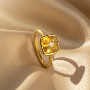 Citrine Birthstone Ring | November Birthday Gift | Cushion Cut Yellow Gemstone Ring | Gold Silver or Rose Gold | Dainty Stacking Ring