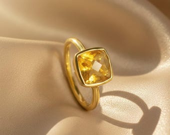 Citrine Birthstone Ring | November Birthday Gift | Cushion Cut Yellow Gemstone Ring | Gold Silver or Rose Gold | Dainty Stacking Ring
