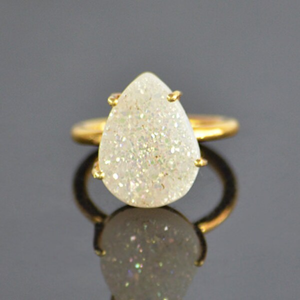 White Druzy ring - tear drop ring - druzy jewelry - statement ring - large gemstone ring - Titanium druzy ring - rainbow druzy ring