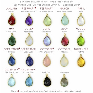 May include: Chart showing gemstone options for a teardrop pendant necklace. Each month of the year is represented by a different gemstone. The pendant is available in 18k Vermeil Gold, 925 Sterling Silver, or Blackened Silver. The pendant measures 9x13mm.