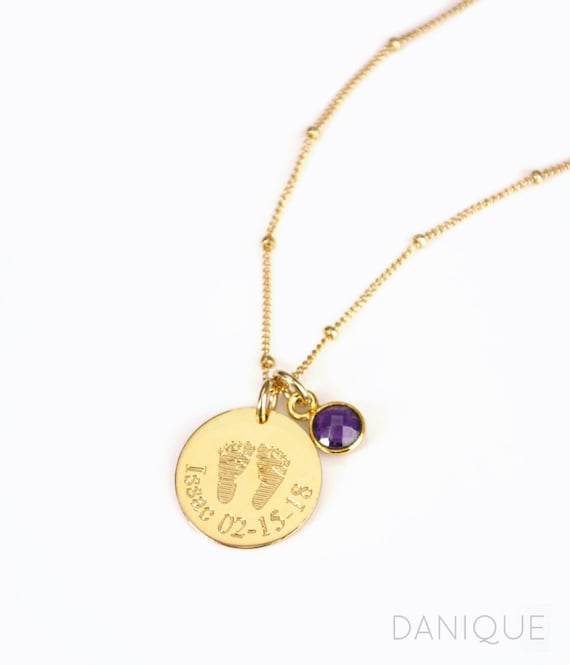 Baby Footprints Necklace With Birthstone Child Necklace Mothers