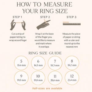 Ring size guide showing how to measure your ring size with paper or string and chart from size 5 to 12. Easy DIY ring measurement for custom, personalized, engagement, and birthstone rings by Danique Jewelry.