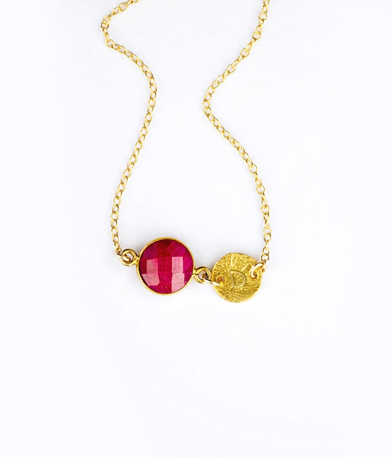 Dyed Ruby Necklace with Hand Stamped Letter Charm, July Birthsto