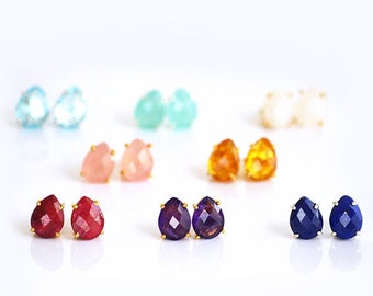 Gemstone Stud Earrings - Custom Birthstone Earrings - Tear drop Studs - Gold Stud Earrings, Prong Set Post Earring, Bridesmaid earrings