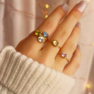 Custom Birthstone Ring Set • Stackable Family Rings for Mom, Dainty Oval Bezel Set, Peridot August Birthstone, Personalized Gift for Her