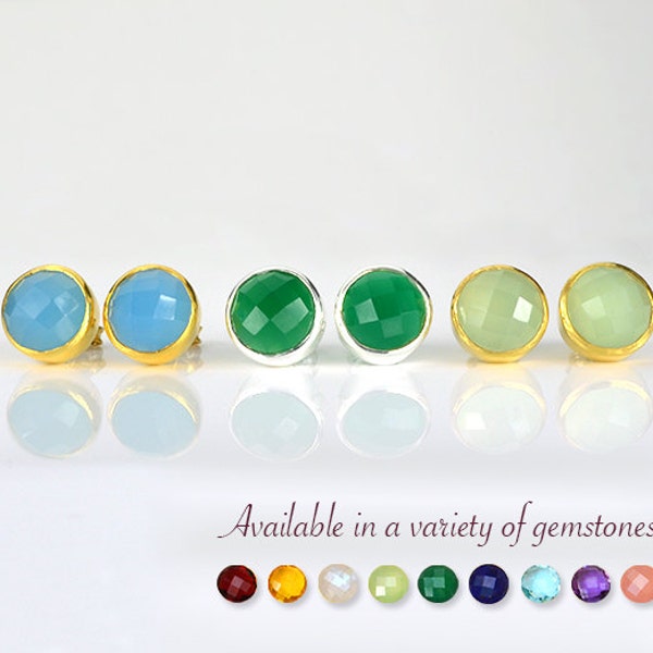 Gemstone studs, Round studs, lapis lazuli, green chalcedony post earrings, pink chalcedony earrings bridesmaid gifts for her bezel studs