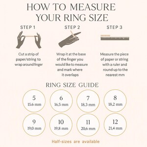 Ring size guide showing how to measure your ring size with paper or string and chart from size 5 to 12. Easy DIY ring measurement for custom, personalized, engagement, and birthstone rings by Danique Jewelry.