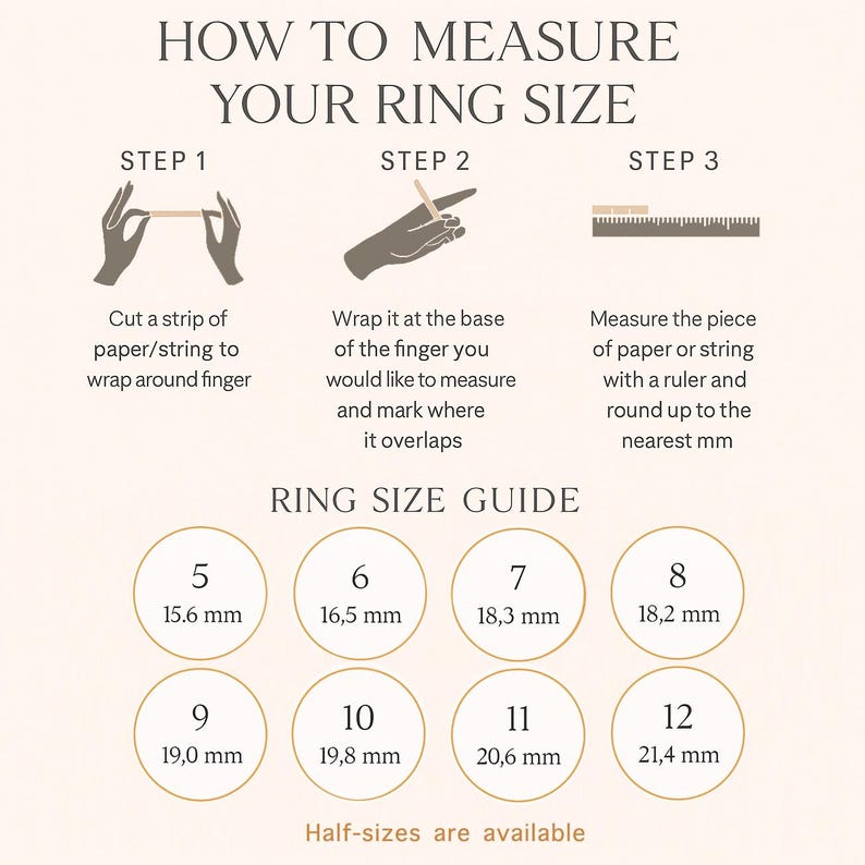 Ring size guide showing how to measure your ring size with paper or string and chart from size 5 to 12. Easy DIY ring measurement for custom, personalized, engagement, and birthstone rings by Danique Jewelry.