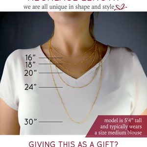 May include: A guide to necklace lengths, showing a model wearing necklaces of different lengths from 16 inches to 30 inches. The text reads "Necklace Length, we are all unique in shape and style." and "Giving this as a gift? Our most popular length is 18 inches."