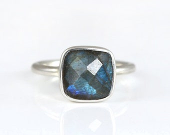 Labradorite ring - sterling silver ring, statement ring, square stone ring, square ring, bezel set ring, stone stackable ring, gifts for her