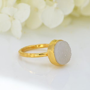 White druzy ring - druzy jewelry, Natural Druzy Jewelry, gold druzy ring, geode ring, stackable druzy ring, stacking ring, April Birthstone