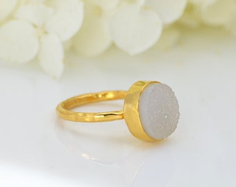 White druzy ring - druzy jewelry, Natural Druzy Jewelry, gold druzy ring, geode ring, stackable druzy ring, stacking ring, April Birthstone