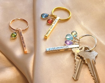 Personalized Keychain for Mom・Custom 3D Bar Keychain with Birthstone Charm Childrens Names Birthdate Birthstone Keychain Christmas gift