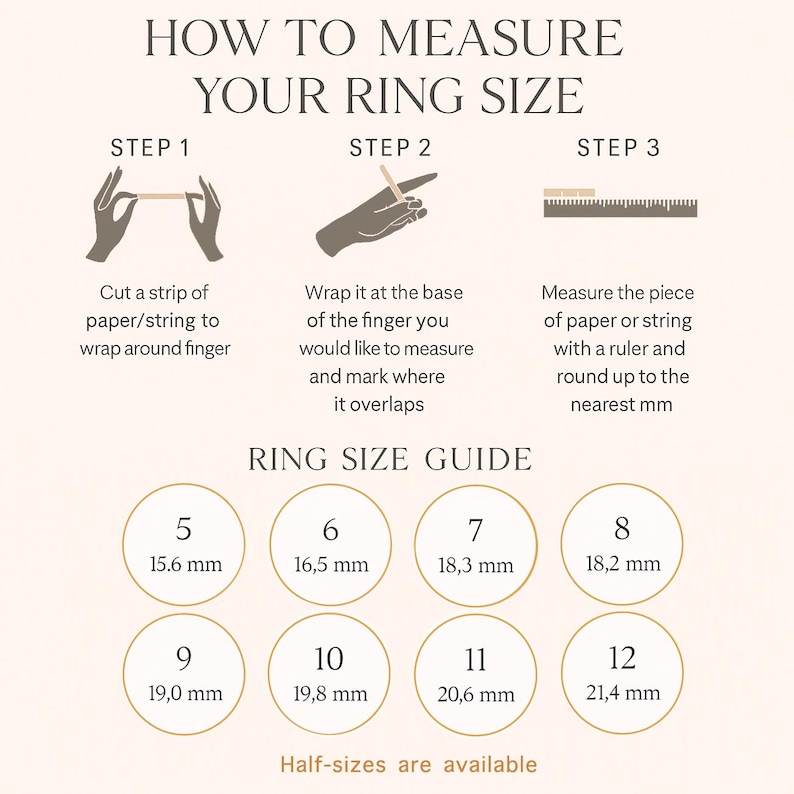 Ring size guide showing how to measure your ring size with paper or string and chart from size 5 to 12. Easy DIY ring measurement for custom, personalized, engagement, and birthstone rings by Danique Jewelry.