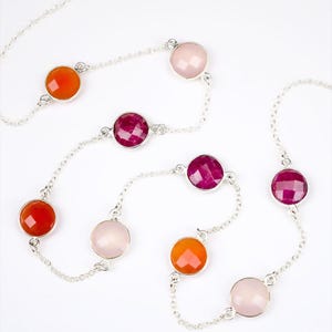 Danique Custom Long Station Necklace • Ruby, Carnelian & Pink Chalcedony • Personalized Christmas Gift for Grandma • Sterling Silver or Gold