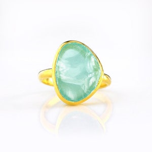 Rough aqua chalcedony ring, aqua chalcedony gold ring, bezel set ring, statement ring, March Birthstone ring raw stone ring large oval ring image 3