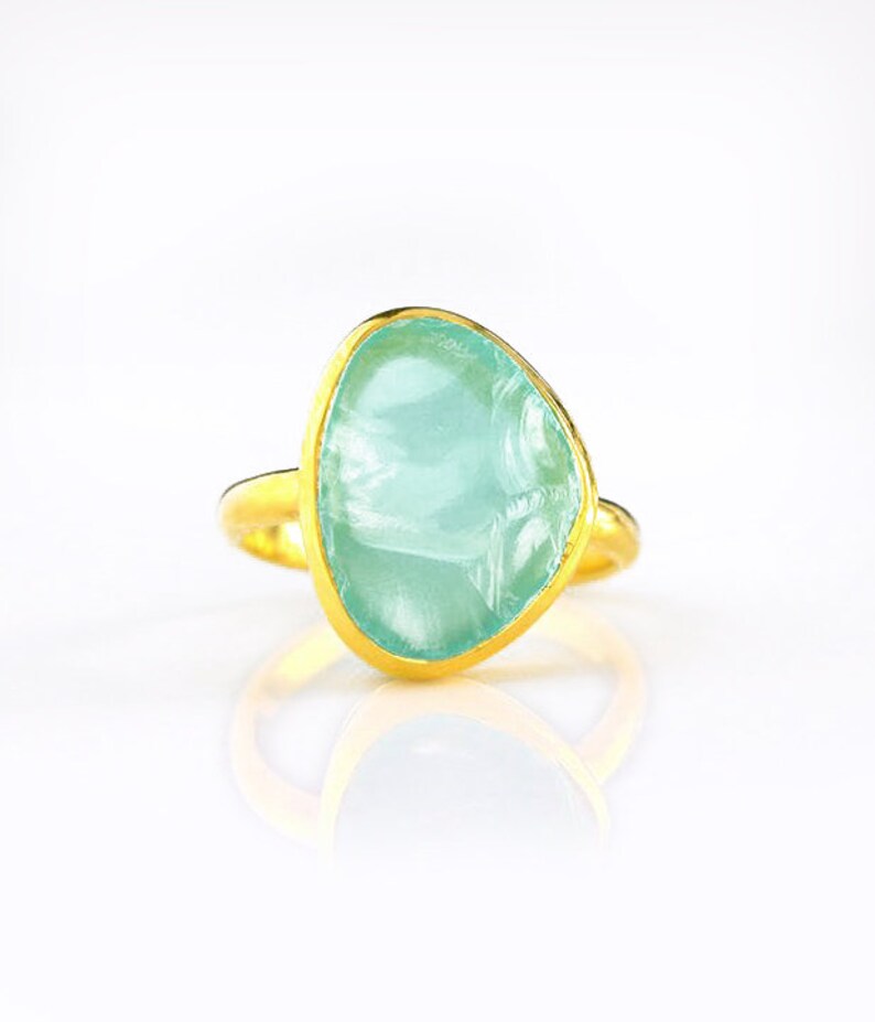 Rough aqua chalcedony ring, aqua chalcedony gold ring, bezel set ring, statement ring, March Birthstone ring raw stone ring large oval ring image 3