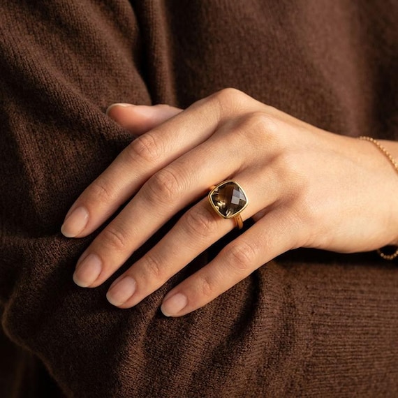 Smoky Quartz Ring, Cushion Cut Ring in Gold, Bezel Set Brown Gemstone Ring, Minimalist Statement Ring, Gift for Her  Smoky Quartz Jewelry