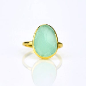 Rough aqua chalcedony ring, aqua chalcedony gold ring, bezel set ring, statement ring, March Birthstone ring raw stone ring large oval ring image 2