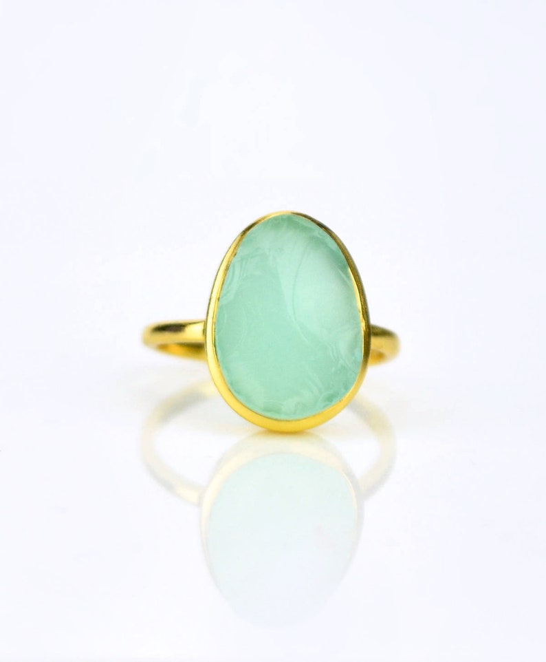 Rough aqua chalcedony ring, aqua chalcedony gold ring, bezel set ring, statement ring, March Birthstone ring raw stone ring large oval ring image 2