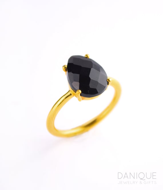 Black Onyx Ring, Birthstone Ring, Gemstone Ring, Stacking Ring, Gold Ring, prong set ring, Tear drop Ring, Black onyx jewelry, stacking ring