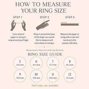 Ring size guide image for moonstone teardrop ring, showing how to measure ring size and common US ring size conversions. Helpful for ordering a June birthstone ring, pear gemstone ring, gold moonstone ring, or gift for her.