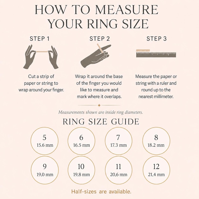 Ring size guide image for moonstone teardrop ring, showing how to measure ring size and common US ring size conversions. Helpful for ordering a June birthstone ring, pear gemstone ring, gold moonstone ring, or gift for her.
