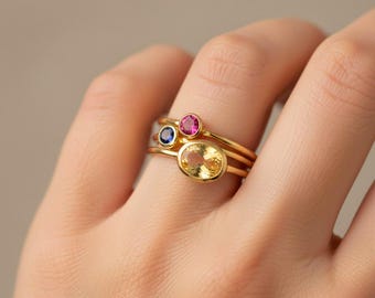 Custom Mom Birthstone Ring Set • Stackable Gold Family Rings, Personalized Gift for Mom, Dainty Mother's Ring Combo, New Mom Jewelry [MNB]