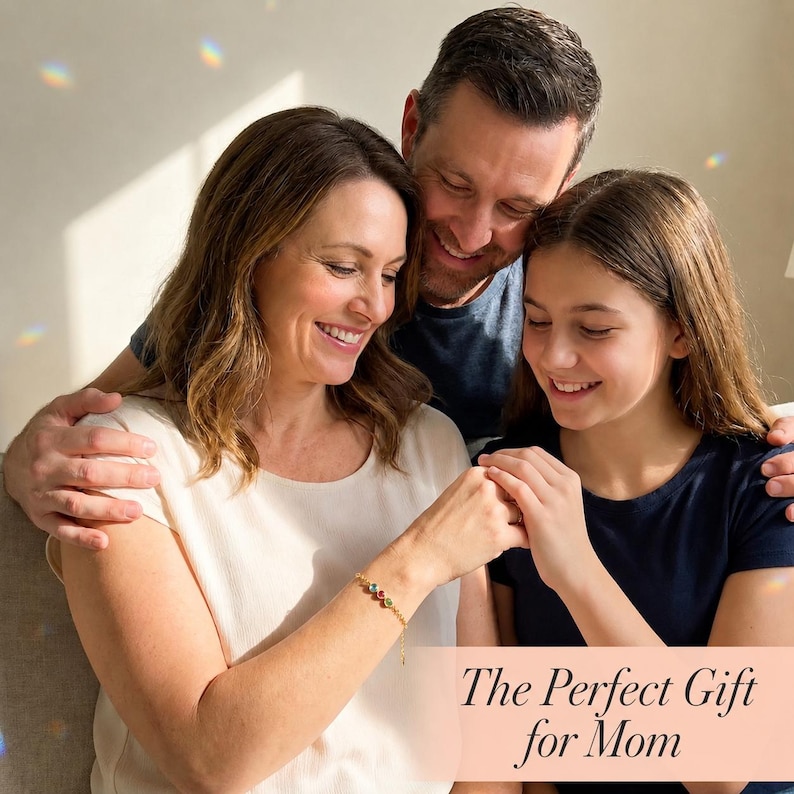Custom birthstone bar bracelet with colorful 3mm and 4mm gemstones on a dainty chain, designed to represent children, parents, grandchildren, or family members in a minimalist personalized keepsake.