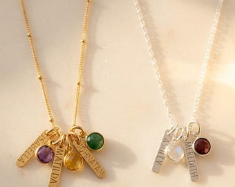 Personalized Mom Birthstone Necklace, Custom Engraved Bar Necklace, Family Name Necklace for Mom, Kids Birthstone Jewelry, Mother Gift
