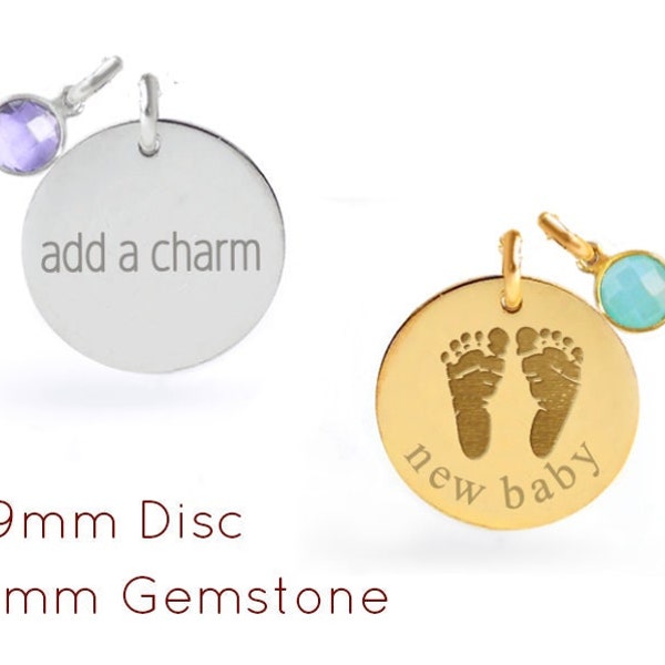 Additional 19mm Engraved Disc Pendant and Birthstone Pendant, Baby's footprint engraved pendant with name, birthdate and birthstone