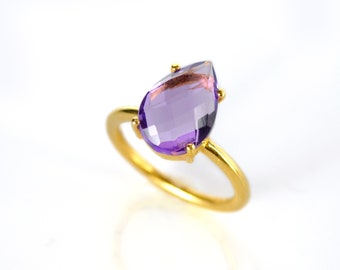 Ring paarse amethist, stapelringen, geboortesteenring februari, ring met griffen, paarse amethist sieraden, gouden edelsteenring, cadeau voor haar